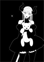  absurdres akino_sora bare_shoulders black_background collarbone commentary_request curled_horns detached_sleeves dress female frilled_thighhighs frills greyscale head_tilt highres horns hugging_object juliet_sleeves long_hair long_sleeves monochrome open_mouth original pointy_ears puffy_sleeves simple_background sleeveless sleeveless_dress solo standing stuffed_animal stuffed_toy teddy_bear thighhighs wide_sleeves 