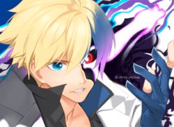  1boy absurdres akisa_yositake artist_name black_shirt blonde_hair blue_eyes blue_gloves blue_hair clenched_teeth collared_shirt dragon_install fingerless_gloves gloves guilty_gear guilty_gear_strive heterochromia highres jacket jacket_on_shoulders ky_kiske male_focus multicolored_hair red_eyes shirt short_hair teeth transformation twitter_username two-tone_hair white_jacket 