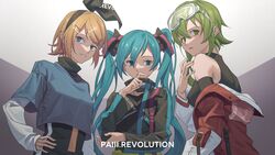  3girls aqua_eyes aqua_hair bare_shoulders black_bow black_jacket black_shirt blonde_hair blue_eyes blue_shirt bow commentary covering_own_mouth crop_top goggles goggles_on_head green_eyes green_hair grin gumi hair_ornament hairband hairbow hairclip hand_on_own_hip hand_over_own_mouth hatsune_miku highres jacket kagamine_rin long_hair multiple_girls parted_lips red_jacket shirt short_hair smile song_name swept_bangs track_jacket turtleneck twintails unworn_jacket upper_body very_long_hair vest vocaloid wounds404 