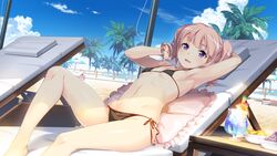  arm_up armpits beach bikini black_bikini blue_sky breasts chair cocktail day drill_hair evenicle_(series) evenicle_2 female game_cg looking_at_viewer lounge_chair lying non-web_source on_back outdoors palm_tree parted_lips pink_hair purple_eyes rona_heinlein sand shade side-tie_bikini_bottom sky small_breasts smile solo sunlight swimsuit takkun_(alicesoft) tree twin_drills 