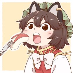  animal_ear_piercing animal_ears apple apple_rabbit apple_slice brown_eyes brown_hair cat_ears chen fangs feeding female food food_art fork fruit hat mob_cap open_mouth piercing poronegi short_hair simple_background touhou upper_body 