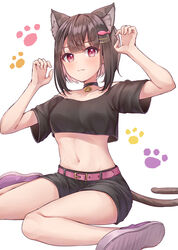  :3 animal_ear_fluff animal_ears bare_shoulders belt black_choker black_shorts blush breasts brown_hair cat_ears cat_girl cat_tail choker collarbone commentary crop_top female fish_hair_ornament hair_ornament highres looking_at_viewer midriff navel off-shoulder_shirt off_shoulder original paw_pose paw_print paw_print_background pink_belt pink_eyes pink_footwear poe_(528yuzunon) shirt short_hair shorts simple_background sitting small_breasts solo tail thighs wariza white_background 