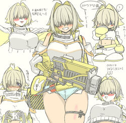  ! ? ahoge ass_visible_through_thighs bare_shoulders blonde_hair blue_eyes blush boomstick_(nikke) breasts clenched_teeth closed_mouth commentary_request cowboy_shot dot_nose elegg_(nikke) exposed_pocket eyes_visible_through_hair facing_viewer female gloves goddess_of_victory:_nikke gun hair_intakes hair_over_eyes head_tilt highres holding holding_gun holding_weapon katakuriko626 large_breasts long_bangs long_sleeves looking_at_viewer medium_hair multicolored_hair multiple_views navel off_shoulder open_mouth outstretched_arms rayman_limbs shorts shoulder_blush simple_background smile speech_bubble spoken_question_mark suspender_shorts suspenders teeth thick_thighs thigh_gap thigh_strap thighs translation_request two-tone_hair upper_body weapon yellow_gloves 