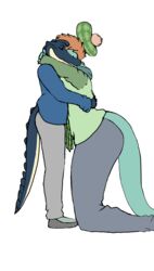  alligator alligatorid anthro arm_on_shoulder blue_body blue_skin bottomwear closed_eyes clothing crocodilian disney dump_lings_png duo face_to_face female footwear hair hand_on_back hand_on_shoulder hat headgear headwear hi_res holding_each_other hug kneeling larger_female loch_ness_monster long_ears long_sleeve_shirt lucas_rodgers_(dump_lings_png) male male/female nessie_(disney) orange_hair pants plaid reptile scalie scarf shoes simple_background size_difference slightly_open_mouth smaller_male smile standing tail tam_o&#039;_shanter tartan_scarf the_ballad_of_nessie 