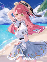  absurdres beach blue_sky braid breasts bridal_gauntlets brown_hat cleavage cloud commentary_request day female grey_skirt hat highres hololive long_hair looking_at_viewer medium_breasts ocean official_alternate_costume open_mouth outdoors pink_hair puffy_short_sleeves puffy_sleeves runlan_0329 sakura_miko sakura_miko_(street) shirt short_sleeves skirt sky smile solo straw_hat striped_clothes striped_skirt vertical-striped_clothes vertical-striped_skirt virtual_youtuber white_shirt 