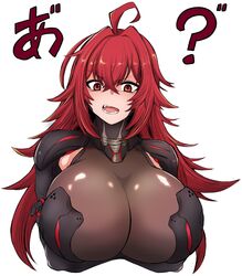  ahoge bodystocking boobplate breasts cleavage female goddess_of_victory:_nikke hair_between_eyes highres huge_breasts long_hair nihilister_(nikke) open_mouth red_eyes red_hair see-through see-through_cleavage sidelocks simple_background solo tkool_man upper_body 