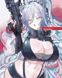  :o absurdres animal_ear_fluff animal_ears arknights bikini black_bikini black_scarf breasts cat_ears cat_girl cleavage commentary crossbow female grey_hair half-closed_eyes highres holding holding_crossbow holding_weapon huge_breasts jacket long_hair looking_at_viewer red_background rocb scarf schwarz_(arknights) solo swimsuit very_long_hair weapon white_jacket yellow_eyes 