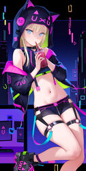  animal_ears animal_hood anklet bare_shoulders belt_collar bendy_straw black_collar black_jacket black_shorts blonde_hair blue_eyes blush breasts bubble_tea cat_ears cat_hood closed_mouth collar commentary crop_top cup disposable_cup drink drinking_straw english_commentary fake_animal_ears female garter_straps green_jacket highres hikikomori-chan_(mignon) holding holding_cup holding_drink hood hood_up hoodie jacket jewelry long_hair long_sleeves looking_at_viewer midriff mignon multicolored_clothes multicolored_jacket navel off_shoulder open_clothes open_jacket original pink_jacket shoes short_shorts shorts small_breasts sneakers solo stomach thigh_strap two-sided_fabric two-sided_jacket 