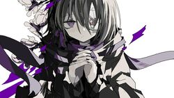  black_nails character_request closed_mouth commentary_request female gauze_over_eye grey_hair hair_between_eyes hands_up hen10 interlocked_fingers looking_at_viewer nail_polish own_hands_together purple_eyes purple_scarf scarf simple_background solo upper_body utau white_background 