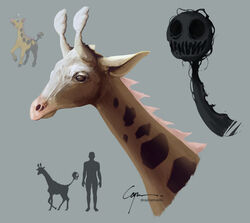  2022 alternate_form ambiguous_feral ambiguous_gender brown_eyes brown_spots bust_portrait caymartworks creepy duo empty_eyes eye_socket feral generation_2_pokemon girafarig giraffid grey_background height_comparison hi_res horn human jagged_mouth living_tail long_neck mammal mane nightmare_fuel nintendo ossicone pink_mane pokemon pokemon_(species) portrait realistic reference_image silhouette simple_background spots tail tail_head unusual_anatomy unusual_tail 