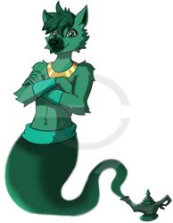  2021 alpha_channel anthro armor artist_name bracers canid canine canis clothed clothing crossed_arms english_text fingers fur genie green_body green_bracers green_eyes green_fur green_hair green_nose hair hi_res karlwarrior47 lamp legless logo male mammal neckwear prick_ears short_hair smile smiling_at_viewer snout solo text topless topless_anthro topless_male wolf 