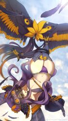  absurdres bag bird_legs black_feathers black_thighhighs black_wings breasts commission english_commentary feathered_wings feathers female flying harpy head_wings highres long_hair medium_breasts monster_girl navel oneiroi_(apexhydra8) open_mouth original panties partially_feathered_tail purple_hair purple_panties purple_thighhighs satchel sleep_mask solo tail tail_around_own_leg tail_wrap talons thighhighs underwear upside-down veil winged_arms winged_tail wings yellow_eyes yuurayuura 