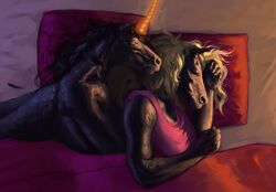  1_horn 2019 4_fingers anthro bed_sheet bedding black_body black_fur black_hair blonde_hair blonde_mane closed_eyes clothed clothed/nude clothing cuddling digital_media_(artwork) duo equid equine female fingers fur glowing glowing_horn hair horn horse krita_(artwork) male male/female mammal mane mythological_creature mythological_equine mythology nude pillow pink_clothing pink_shirt pink_tank_top pink_topwear red_bed_sheet red_bedding red_pillow shirt shirtless shirtless_male sleeping storm_engineer tank_top topwear under_covers unicorn white_bedding 