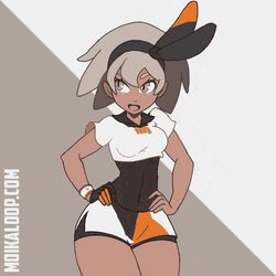  accessory animated bottomwear bouncing_breasts breasts clothed clothing female fully_clothed grey_hair hair headband hip_sway hotpants human human_only looking_at_viewer loop mammal moikaloop not_furry seamless_loop shorts simple_background solo source_request 