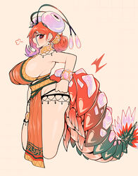  antennae blush bracelet breasts clenched_hand commentary cropped_legs female from_side gradient_background green_tail grid_background highres jewelry large_breasts large_tail long_bangs long_hair monster_girl multicolored_eyes multicolored_tail open_mouth orange_hair orange_tail original pink_tail puff_of_air purple_hair shrimp_girl solo symbol-only_commentary tail thick_thighs thighs uni_(oni_unicorn) white_background yellow_background 