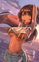  andromeda_(fate) andromeda_(second_ascension)_(fate) armpits arms_behind_head arms_up bandeau bare_shoulders bikini bikini_under_clothes blue_sky blush bracelet braid breasts brown_hair chains cleavage criss-cross_halter crown_braid dark-skinned_female dark_skin denim fate/grand_order fate_(series) female green_eyes grey_pants halowd halterneck highleg highleg_bikini highres jeans jewelry large_breasts long_hair looking_at_viewer low_ponytail mouth_hold multicolored_bikini multicolored_clothes navel ocean pants rainbow_bikini see-through sidelocks sky solo swimsuit 