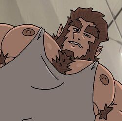  1boy aries_(aries03220) armpit_hair armpit_hair_peek bara bare_pectorals beard body_fur brown_hair chest_tuft facial_hair foreshortening from_below full_beard grey_tank_top huge_eyebrows large_pectorals looking_at_viewer looking_down male_focus meme monster_prom muscular muscular_male nipple_slip nipples pectoral_focus pectorals photo-referenced scott_howl short_hair solo tank_top thick_eyebrows upper_body yur_oc_like_this_(meme) 