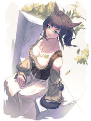  animal_ears bimel_isabella blue_eyes breasts brown_hair cat_ears cat_tail detached_sleeves female final_fantasy final_fantasy_xiv highres long_hair looking_at_viewer medium_breasts miqo&#039;te sitting slit_pupils solo tail 