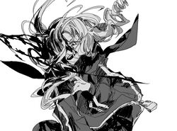  #compass blood commentary female greyscale hen10 jacket long_hair looking_at_viewer megumegu monochrome multicolored_hair open_mouth simple_background smile solo symbol-only_commentary two-tone_hair upper_body white_background 