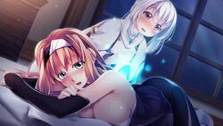  2girls atelier-moo bare_shoulders bed breasts brown_eyes brown_hair detached_sleeves embarrassed full_body green_eyes hair_between_eyes hairband highres hilda_(our_battle_has_just_begun!) jewelry large_breasts long_hair lutie lying magic multiple_girls necklace night on_bed on_stomach open_mouth our_battle_has_just_begun! short_hair white_hair wide-eyed window 