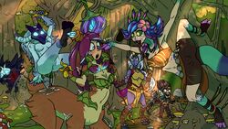  16:9 anthro banana bovid breasts canid canine canis caprine destruteka draven_(lol) eating eating_food female food forest fruit hi_res humanoid humor kindred_(lol) lamb_(lol) league_of_legends lillia_(lol) male mammal neeko_(lol) party plant riot_games sheep soraka taur tencent tree widescreen wolf wolf_(lol) 