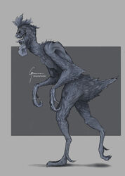  2021 absurd_res action_pose anthro arm_tuft avian avian_caruncle avian_feet beady_eyes big_hands bird caymartworks chicken claws comb_(anatomy) dewclaw dewlap_(anatomy) elbow_tuft empty_eyes european_mythology feathers full-length_portrait galliform gallus_(genus) grey_background head_crest hi_res hunched_over hybrid long_claws long_neck male male_anthro mythological_avian mythological_creature mythology nude open_mouth phasianid portrait pose quarantamaula shadow sharp_teeth side_view simple_background solo spanish_mythology teeth tuft walking wattle 