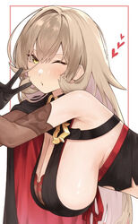  ahoge bare_shoulders black_cape black_gloves blush bra bra_peek bra_strap breasts cape clothing_cutout elbow_gloves female gloves hair_between_eyes hanging_breasts heart large_breasts long_hair looking_at_viewer multicolored_cape multicolored_clothes navel_cutout nijisanji nui_sociere nui_sociere_(1st_costume) one_eye_closed partially_fingerless_gloves red_bra sleeveless solo underwear v virtual_youtuber white_background witch yamanoko_19517 yellow_eyes 