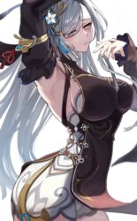  arm_up armpits black_dress breasts commentary_request cowboy_shot detached_sleeves dress female genshin_impact grey_hair hair_ornament hand_up highres large_breasts long_hair long_sleeves official_alternate_costume shenhe_(frostflower_dew)_(genshin_impact) shenhe_(genshin_impact) shiraiyu327 sleeveless sleeveless_dress solo standing very_long_hair 