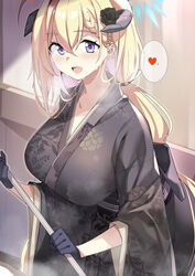  akari_(blue_archive) akari_(new_year)_(blue_archive) black_gloves black_horns black_kimono blonde_hair blue_archive blue_eyes blue_halo blush breasts ddolggol demon_horns female gloves hair_between_eyes halo heart highres horns japanese_clothes kimono large_breasts long_hair long_sleeves looking_at_viewer obi official_alternate_costume open_mouth sash smile solo spoken_heart sweat wide_sleeves 