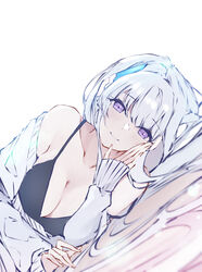  absurdres black_bra blue_archive blush bra breasts cleavage collarbone female halo highres hojiro_same jacket large_breasts long_hair long_sleeves looking_at_viewer lying noa_(blue_archive) on_bed pov purple_eyes shirt simple_background sleeves_past_wrists smile solo underwear very_long_hair white_background white_hair white_jacket 