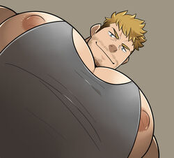  1boy bara beard_stubble blonde_hair facial_hair foreshortening from_below grey_tank_top huge_pectorals inverted_nipples looking_at_viewer looking_down male_focus meme muscular muscular_male mustache_stubble nipple_slip nipples original pectoral_cleavage pectoral_focus pectorals photo-referenced seductive_smile short_hair sidepec smile solo stubble takezamurai tank_top thick_eyebrows upper_body v-shaped_eyebrows wrinkled_skin yur_oc_like_this_(meme) 