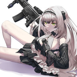  ammunition_pouch aoi_wakashi_chiyo assault_rifle between_breasts black_gloves breasts cleavage_cutout clothing_cutout detached_sleeves explosive expressionless female frilled_skirt frills girls&#039;_frontline gloves gradient_hair green_eyes grenade grey_hair gun h&amp;k_hk433 hairband half_gloves headgear highres hk433_(girls&#039;_frontline) holding holding_gun holding_weapon lolita_hairband long_hair lying multicolored_hair pouch rifle skirt trigger_discipline weapon white_background 