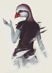  2023 ambiguous_gender ambiguous_humanoid animal_head animal_humanoid avian avian_humanoid beady_eyes beak black_clothing black_eyes black_shirt black_t-shirt black_topwear caymartworks clothed clothing digital_media_(artwork) digital_painting_(artwork) eye_markings for_a_head hi_res humanoid looking_at_viewer looking_back markings portrait raised_arm rear_view red_beak shirt simple_background solo standing t-shirt tan_background three-quarter_portrait topwear 