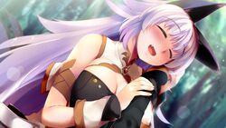  1boy ^_^ animal_ears atelier-moo bare_shoulders blush breasts cleavage closed_eyes detached_sleeves female forest hair_between_eyes highres large_breasts long_hair mana_(our_battle_has_just_begun!) nature oerba_yun_fang open_mouth our_battle_has_just_begun! purple_hair smile tail torogao upper_body wolf_girl wolf_tail 