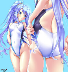  adjusting_clothes adjusting_swimsuit ass back blue_background breasts covered_navel cowboy_shot dated female iris_mysteria! one-piece_swimsuit ponytail priscilla_marcell_de_palvin purple_hair signature small_breasts solo swimsuit tsuchimiya white_one-piece_swimsuit 