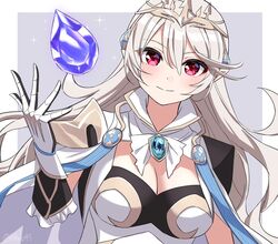  armor breasts cape cleavage commentary_request corrin_(female)_(fire_emblem) corrin_(female)_(silent_bloodline)_(fire_emblem) corrin_(fire_emblem) crown female fire_emblem fire_emblem_fates fire_emblem_heroes hair_between_eyes hair_ornament highres jewelry long_hair looking_at_viewer official_alternate_costume pointy_ears red_eyes shinae shoulder_armor solo white_hair 