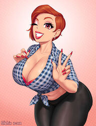  1girls amber_(fellatrix) big_lips bimbo bra bra_cups_sticking_out eyeshadow fellatrix female ginger ginger_hair large_breasts lipstick long_nails makeup red_hair red_nails redhead tied_shirt voluptuous 