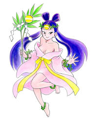  absurdres ame_no_uzume_(kiki_kaikai) asari_yoshitoo bare_shoulders barefoot bead_anklet bead_bracelet beads bracelet branch breasts commentary english_commentary female full_body highres holding holding_branch japanese_clothes jewelry kiki_kaikai kimono leg_up long_hair long_sleeves looking_at_viewer medium_breasts off_shoulder official_art open_mouth pink_kimono purple_hair shide simple_background smile solo toes traditional_media twintails very_long_hair white_background wide_sleeves 