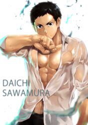  1boy 8_(yamalu) bara black_hair brown_eyes closed_mouth commentary_request haikyuu!! highres large_pectorals looking_at_viewer male_focus muscular muscular_male partially_unbuttoned pectoral_cleavage pectorals sawamura_daichi shirt short_hair sideburns solo wet wet_clothes wet_shirt white_shirt 