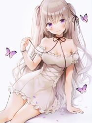  arm_support bad_id bad_pixiv_id bare_shoulders black_ribbon blue_butterfly blush breasts brown_hair bug butterfly choker collarbone commentary detached_sleeves dress female frilled_dress frilled_sleeves frills hair_ribbon hand_up highres long_hair looking_at_viewer off_shoulder original petals pink_butterfly pink_ribbon purple_eyes revision ribbon ribbon_choker short_sleeves simple_background smile solo strapless strapless_dress twintails weri white_background white_dress 