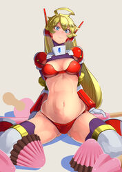  absurdres ahoge android atatatamu bikini blonde_hair blue_eyes boots breasts candy choukadou_girl_1/6 female food gloves head_tilt headgear highres long_hair looking_at_viewer mecha_musume medium_breasts mini_person minigirl navel nona_(choukadou_girl_1/6) purple_thighhighs red_bikini shrug_(clothing) sitting smile solo stomach swimsuit thighhighs thighhighs_under_boots very_long_hair wariza white_footwear white_gloves 