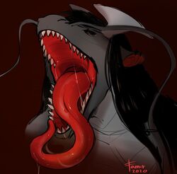  2020 anthro black_hair bodily_fluids bust_portrait dated dragon ear_piercing ear_ring ellian famir_(artist) front_view glistening glistening_eyes glistening_tongue grey_body grey_ears hair hi_res long_hair long_tongue male mouth_shot mythological_creature mythological_scalie mythology narrowed_eyes open_mouth piercing portrait red_inner_ear red_tongue ring_piercing saliva saliva_on_tongue saliva_string scalie sharp_teeth signature simple_background solo teeth tongue 