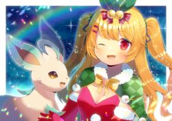  :d ;d argyle_cape argyle_clothes azur_lane bell blonde_hair blush bow breasts brown_eyes cape cleavage closed_mouth commentary_request commission crossover dress elbow_gloves female fur-trimmed_cape fur-trimmed_gloves fur_trim gloves green_cape green_ribbons hair_bell hair_ornament hair_ribbon hairbow jenkins_(azur_lane) jenkins_(light_of_the_holiest_star)_(azur_lane) jingle_bell kou_hiyoyo leafeon lens_flare long_hair looking_at_viewer oerba_yun_fang one_eye_closed open_mouth pokemon pokemon_(creature) red_bow red_dress red_eyes red_gloves ribbon skeb_commission small_breasts smile sparkle striped striped_bow two_side_up very_long_hair yellow_bow 