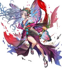  arrow_(projectile) bow_(weapon) breasts broken_arrow cleavage facial_mark fairy_wings female fire_emblem fire_emblem_heroes forehead_mark full_body gradient_hair highres holding holding_bow_(weapon) holding_weapon japanese_clothes kimono large_breasts long_hair looking_away multicolored_hair non-web_source obi official_art open_mouth plumeria_(fire_emblem) plumeria_(new_year)_(fire_emblem) pointy_ears ponytail red_eyes sandals sash solo tabi teffish torn_clothes transparent_background weapon white_legwear wide_sleeves wings 