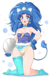  animal_ears arakawa_tarou armpits ass_visible_through_thighs asymmetrical_legwear blue_choker blue_eyes blue_gloves blue_hair blue_thighhighs breasts choker cleavage collarbone crown_earrings cure_gelato earrings female full_body gloves gold_crown hair_intakes hand_on_own_hip highres holding holding_plate jewelry kirakira_precure_a_la_mode kneeling lion_ears lion_tail long_hair panties plate pointed_crown precure shiny_skin single_thighhigh small_breasts solo strapless tail tategami_aoi thigh_gap thighhighs underwear very_long_hair 