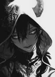  1boy au_(d_elete) closed_eyes closed_mouth glowing glowing_eyes hair_between_eyes hood hood_up jacket lips looking_at_viewer male_focus malleus_draconia medium_hair monochrome portrait slit_pupils solo twisted_wonderland 