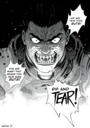  ! 1boy armor artist_name berserk commentary constricted_pupils decomposedtaco doom_(comic) doom_(series) doom_eternal doomguy english_commentary english_text highres looking_at_viewer male_focus miura_kentarou_(style) monochrome nervous_sweating no_headwear open_mouth parody praetor_suit rip_and_tear_(phrase) saliva shouting simple_background solo speech_bubble style_parody sweat teeth tongue upper_body v-shaped_eyebrows wrinkled_skin 