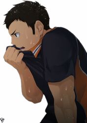  1boy 8_(yamalu) black_hair brown_eyes from_side haikyuu!! highres karasuno_volleyball_uniform male_focus muscular muscular_male open_mouth profile sawamura_daichi shirt short_hair sideburns solo sportswear sweat sweatdrop volleyball_uniform 