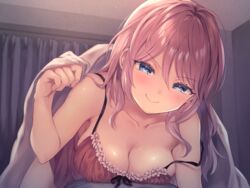  bare_arms bare_shoulders blanket blue_eyes blush bra breasts brown_bra calm_mashiro cleavage closed_mouth collarbone commentary_request cowgirl_position curtains female half-closed_eyes indoors large_breasts lingerie long_hair looking_at_viewer naughty_face nightgown original pink_hair smile solo strap_slip under_covers underwear underwear_only 