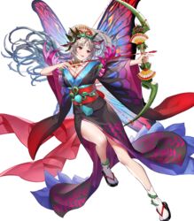  arrow_(projectile) bow_(weapon) breasts cleavage facial_mark fairy_wings female fire_emblem fire_emblem_heroes forehead_mark full_body gradient_hair highres holding holding_bow_(weapon) holding_weapon japanese_clothes kimono large_breasts long_hair multicolored_hair non-web_source obi official_art open_mouth plumeria_(fire_emblem) plumeria_(new_year)_(fire_emblem) pointy_ears ponytail red_eyes sandals sash smile solo tabi teffish transparent_background weapon white_legwear wide_sleeves wings 